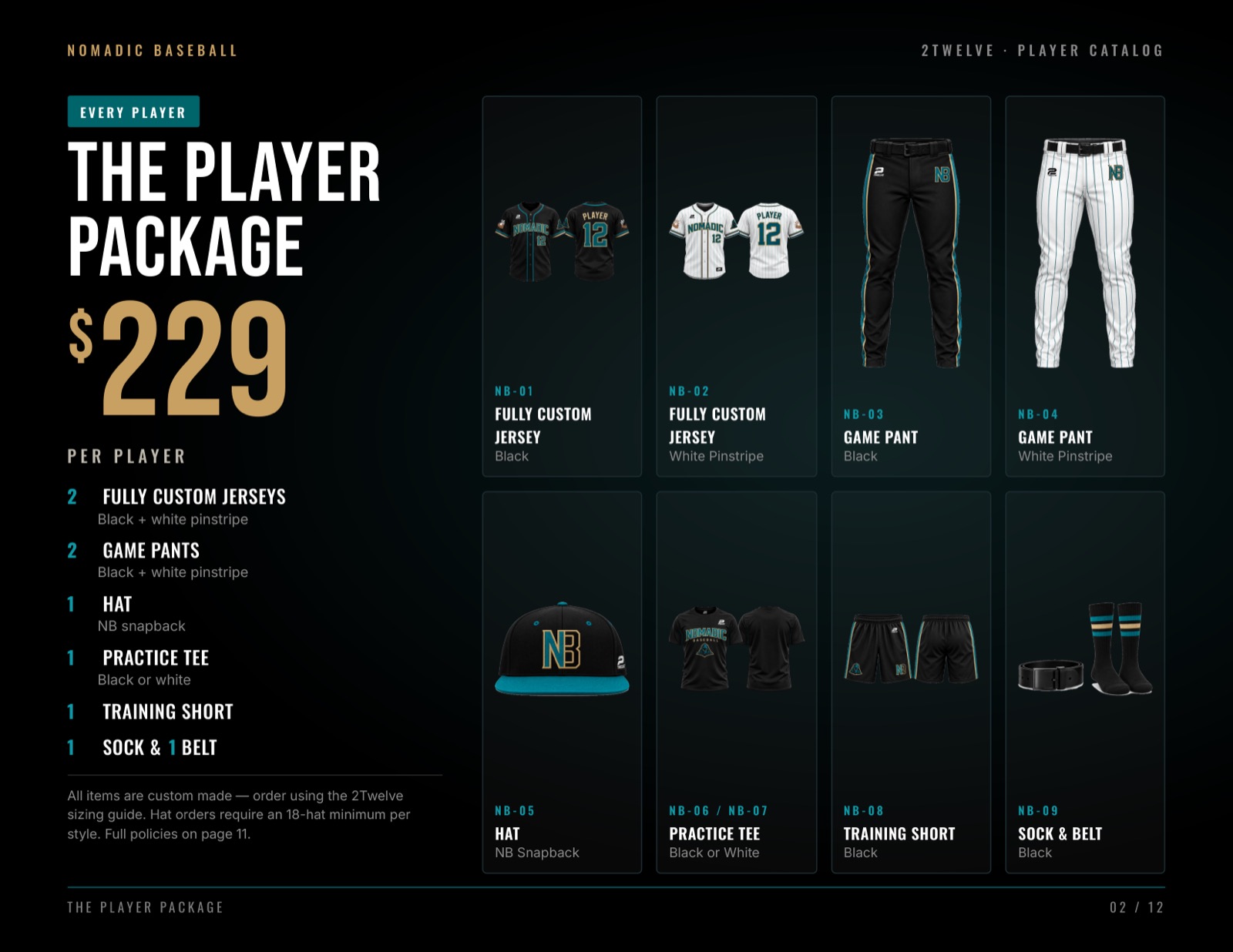 Nomadic Baseball player package board designed by 2Twelve, showing both game jerseys, both game pants, hat, practice tee, training short and sock and belt