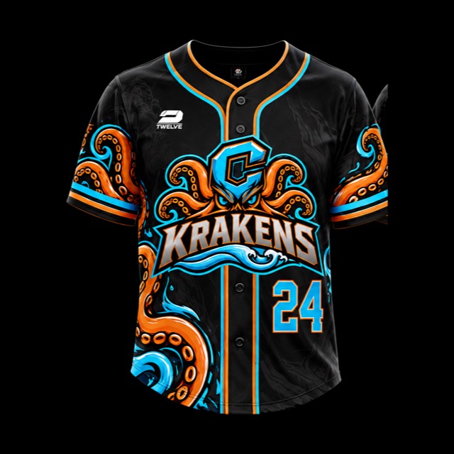 Krakens Baseball custom full-button game jersey in blackout, designed by 2Twelve