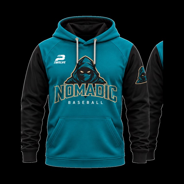 Nomadic Baseball custom long-sleeve hoodie in teal / black, designed by 2Twelve