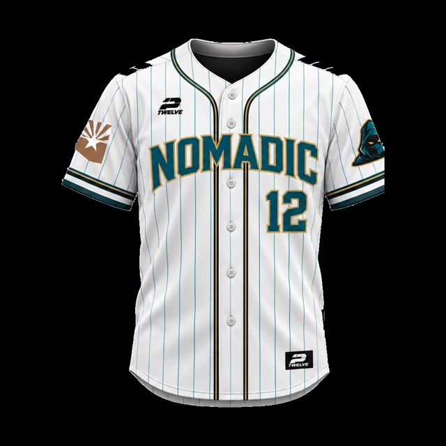 Nomadic Baseball custom full-button game jersey in pinstripe, designed by 2Twelve