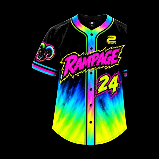 Rampage Baseball custom full-button game jersey in tie-dye, designed by 2Twelve