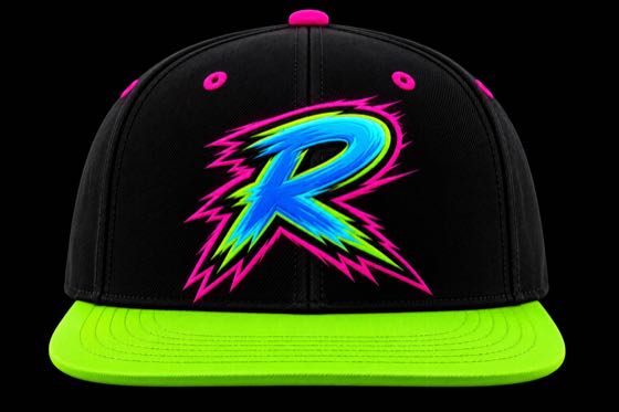 Black snapback cap with neon lime brim and embroidered neon letter R logo