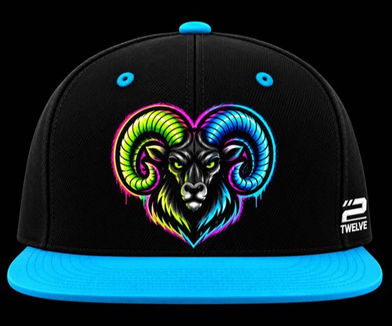 Black snapback cap with columbia blue brim and embroidered neon ram-head logo