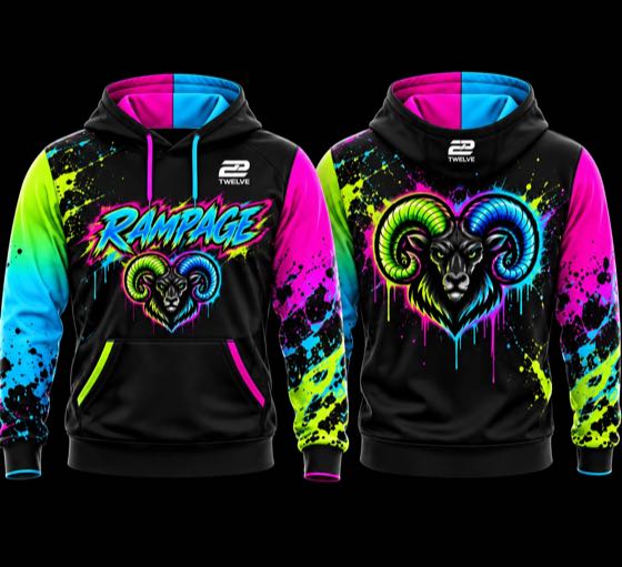 Black pullover hoodie with neon splatter sleeves, team wordmark and logo, front and back views