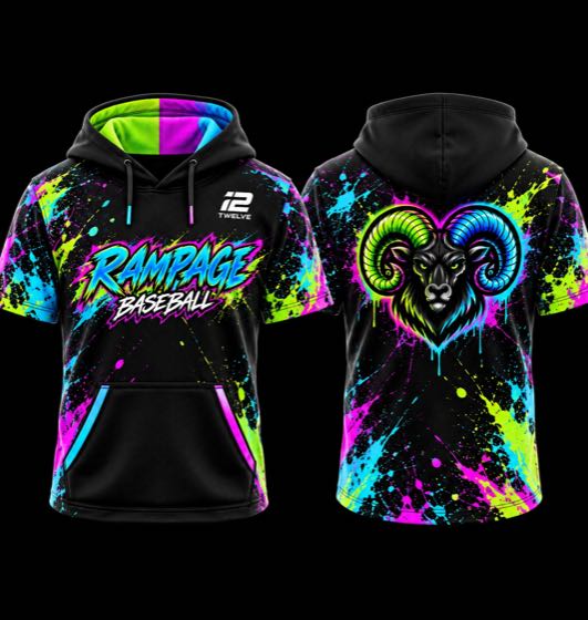 Black short-sleeve hooded pullover with neon splatter, wordmark front and large logo on the back
