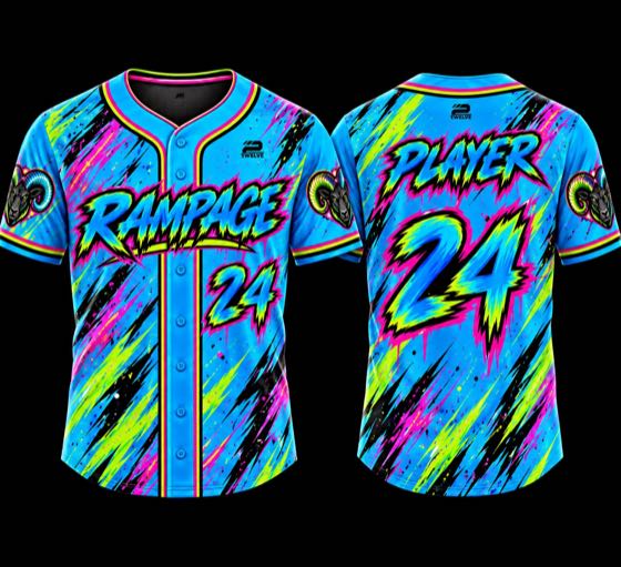 Columbia blue full-button baseball jersey with neon lightning-bolt lettering and player number