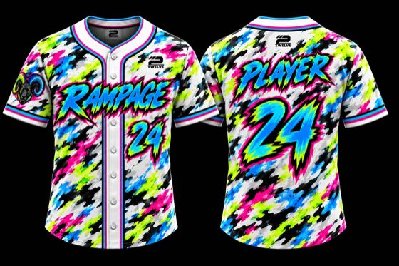 White full-button baseball jersey in neon camouflage print with sleeve logo patch and player number