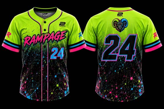Baseball jersey fading from neon lime at the shoulders to black splatter at the hem