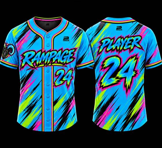Columbia blue full-button baseball jersey with neon slash graphics and sleeve logo patches