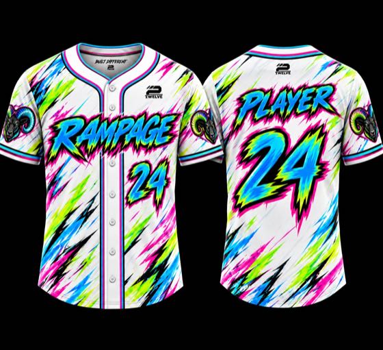 White full-button baseball jersey with neon slash graphics and sleeve logo patches