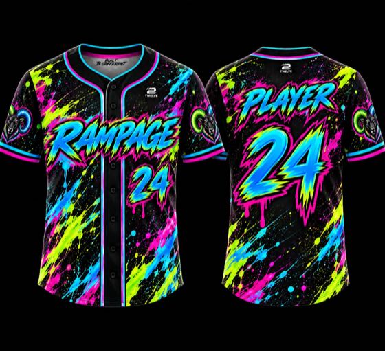 Black full-button baseball jersey with neon paint splatter, team name across the chest and player number on the back