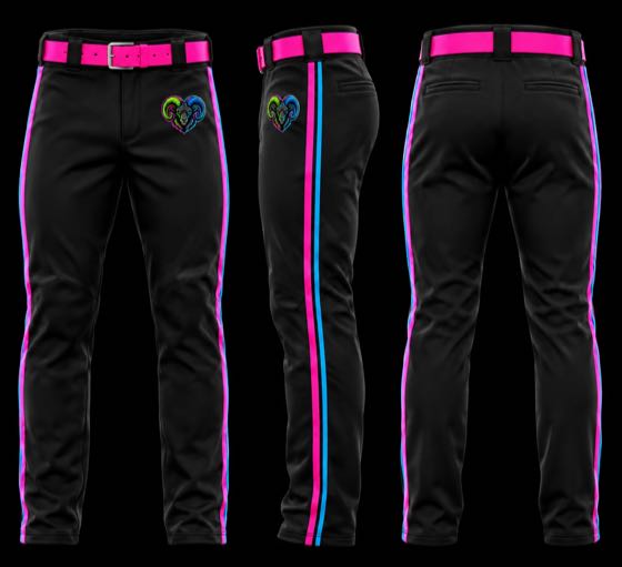 Solid black baseball pants with pink and blue piping and hip logo, shown from three angles