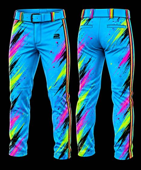 Columbia blue baseball pants with neon bolt graphics, front and back views