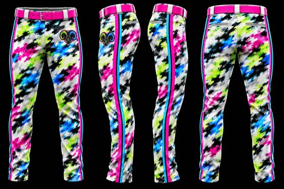 White neon camouflage baseball pants shown from four angles with logo on the hip