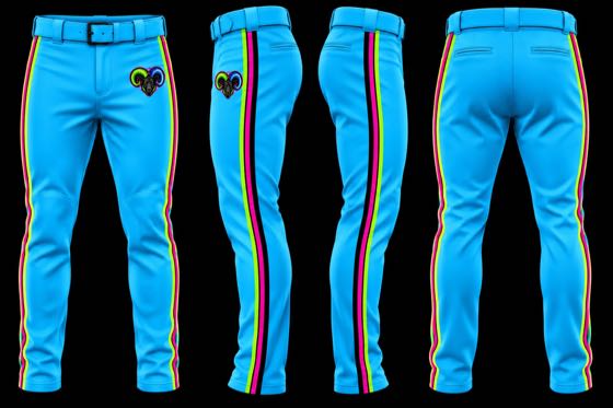 Solid columbia blue baseball pants with neon piping, shown from four angles