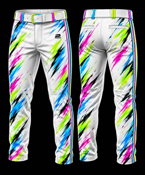 White baseball pants with neon slash graphics down the legs, front and back views