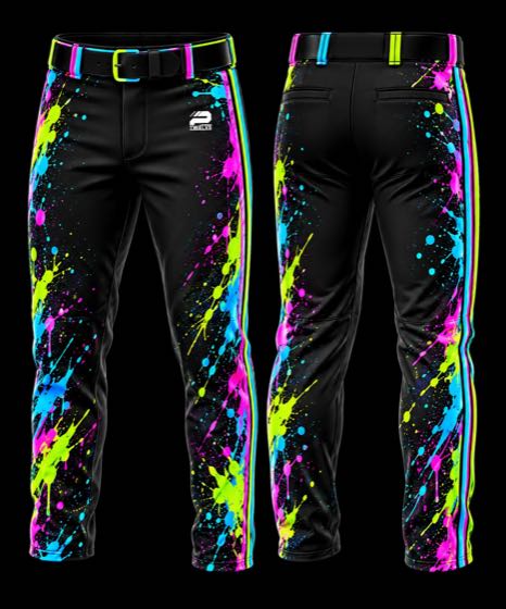Black baseball pants with neon paint splatter and piped side stripe, front and back views