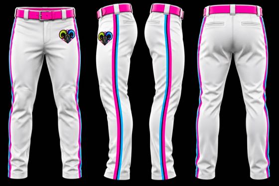 Solid white baseball pants with pink and blue piping and hip logo, shown from four angles