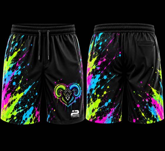 Black athletic shorts with neon splatter and team logo on the leg, front and back views