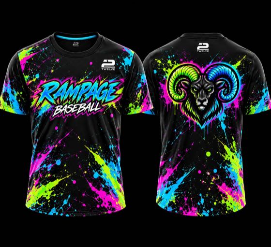 Black short-sleeve practice tee with neon splatter, team wordmark on the chest and logo on the back