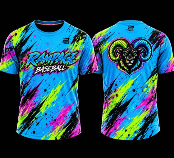 Columbia blue short-sleeve practice tee with neon graphics, wordmark front and logo back