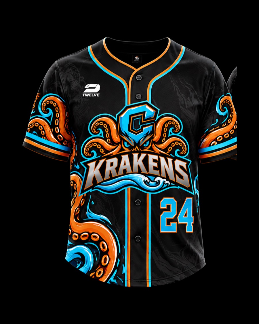 Krakens Baseball blackout game jersey with all-over kraken graphic, built by 2Twelve