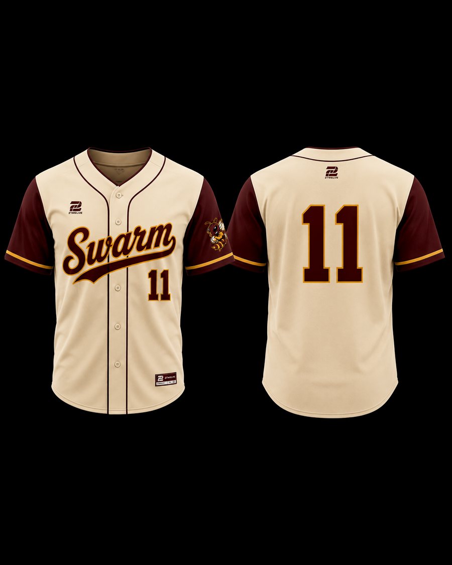 Swarm Baseball cream home jersey with maroon sleeves